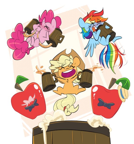 Size: 3799x4096 | Tagged: safe, artist:chub-wub, derpibooru import, applejack, pinkie pie, rainbow dash, earth pony, pegasus, pony, apple, applejack's hat, barrel, bowtie, chibi, cider, cider mug, cowboy hat, cute, dashabetes, diapinkes, drinking, eyes closed, female, food, hat, image, jackabetes, jpeg, mare, mug, open mouth, ponytober, simple background, trio, white background