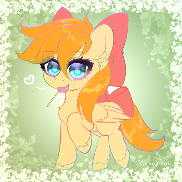 Size: 3000x3000 | Tagged: safe, artist:monstrum, derpibooru import, oc, oc:deliambre, pegasus, pony, bow, candy, chibi, cute, food, full body, hair bow, image, jpeg, lollipop, looking at you, solo