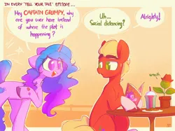 Size: 2732x2048 | Tagged: safe, artist:scribble-potato, derpibooru import, izzy moonbow, pipp petals, sprout cloverleaf, earth pony, pegasus, pony, unicorn, bracelet, chocolate chip cookies, cookie, food, friendship bracelet, g5, image, jewelry, jpeg, one eye closed, open mouth, speech bubble, sweat, sweatdrop, vase