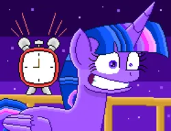 Size: 4862x3718 | Tagged: safe, artist:superhypersonic2000, derpibooru import, twilight sparkle, twilight sparkle (alicorn), alicorn, pony, between dark and dawn, alarm clock, clock, female, gritted teeth, image, mare, pinpoint eyes, pixel art, png, scene interpretation, solo, teeth