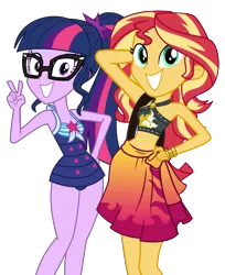 Size: 3535x4326 | Tagged: safe, artist:keronianniroro, derpibooru import, edit, vector edit, sci-twi, sunset shimmer, twilight sparkle, equestria girls, equestria girls series, forgotten friendship, absurd resolution, adorasexy, adorkable, beach babe, belly button, bikini, clothes, cute, dork, duo, female, glasses, grin, high res, image, looking at you, peace sign, png, ponytail, sarong, sci-twi swimsuit, sexy, simple background, smiling, stomach, sunset selfie, swimsuit, transparent background, twiabetes, vector