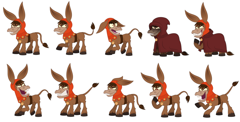 Size: 5000x2551 | Tagged: safe, artist:aleximusprime, derpibooru import, bray, donkey, fanfic:my little sister is a dragon, angry, antagonist, bells, belt, bucktooth, cloak, cloaked, clothes, cowl, evil, evil grin, expressions, floppy ears, g1, g1 to g4, g4, generation leap, grin, image, jewelry, maniacal laugh, necklace, png, poses, reference, simple background, smiling, startled, stomping, thinking, transparent background, unamused