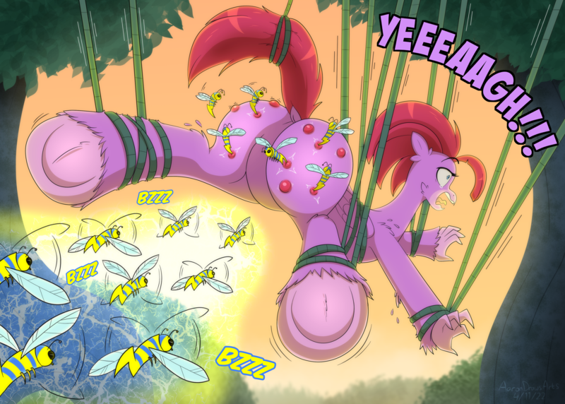 Size: 3752x2683 | Tagged: suggestive, artist:aarondrawsarts, derpibooru import, oc, oc:cobalt coral, bee, flash bee, hippogriff, insect, bee fetish, bee sting, butt, commission, dock, frog (hoof), image, jungle, literal butthurt, onomatopoeia, pain, png, raised tail, screaming, tail, tangled up, underhoof, vine