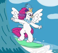 Size: 2685x2448 | Tagged: safe, artist:supahdonarudo, derpibooru import, queen novo, classical hippogriff, hippogriff, my little pony: the movie, bipedal, cloud, female, high res, image, png, surfboard, surfing, wave
