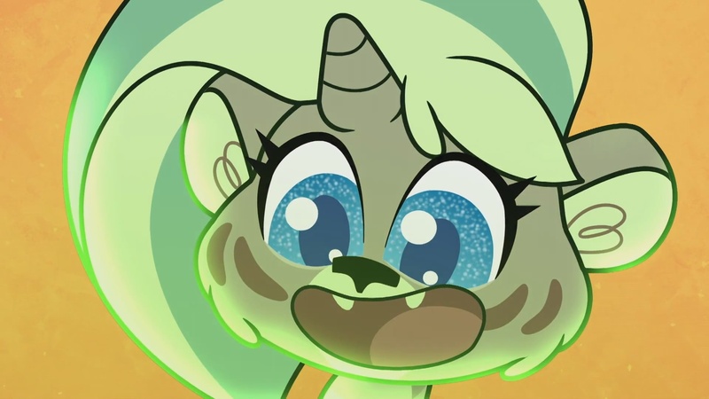 Size: 1920x1080 | Tagged: safe, derpibooru import, screencap, lightning chill, big cat, tiger, my little pony: pony life, spoiler:pony life s02e14, big smile, horn, image, jpeg, life of pie, looking at something, smiling