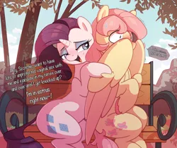 Size: 5000x4192 | Tagged: suggestive, artist:nookprint, derpibooru import, fluttershy, rarity, pegasus, pony, unicorn, bedroom eyes, bench, butterscotch, dialogue, estrus, female, flarity, half r63 shipping, image, imminent sex, male, mare, meme, no way fag, open mouth, open smile, png, rariscotch, rule 63, shipping, sitting, smiling, stallion, straight, subtle as a train wreck