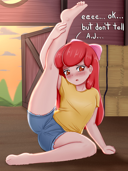 Size: 1500x2000 | Tagged: safe, artist:focusb, banned from derpibooru, apple bloom, human, barn, blushing, clothes, female, flexible, hay bale, humanized, image, jpeg, lolicon, shirt, shorts, t-shirt, text, underage