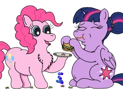 Size: 2289x1661 | Tagged: safe, artist:puffydearlysmith, derpibooru import, pinkie pie, twilight sparkle, twilight sparkle (alicorn), alicorn, earth pony, pony, alternate hairstyle, belly, belly button, big belly, burger, chest fluff, chubby, double chin, fat, female, food, hair bun, image, lesbian, mare, messy eating, png, shipping, twilard sparkle, twilight burgkle, twinkie