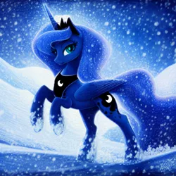 Size: 1024x1024 | Tagged: safe, derpibooru import, editor:dovakkins, machine learning generated, prompter:dovakkins, purplesmart.ai, stable diffusion, princess luna, alicorn, pony, beautiful, crown, cute, female, image, jewelry, lunabetes, mare, peytral, png, rearing, regalia, smiling, snow, solo, winter