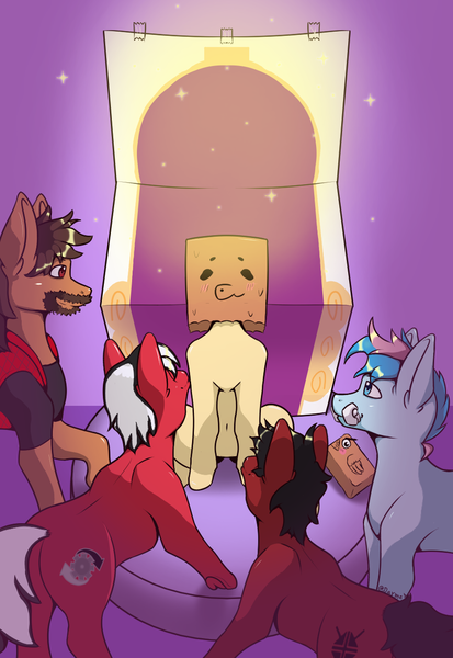 Size: 880x1280 | Tagged: safe, artist:darmetyt, derpibooru import, oc, oc:blue chewings, oc:darmet, oc:jack foley, oc:paper bag, oc:torque, earth pony, pony, unicorn, butt, harem, image, plot, png, sitting