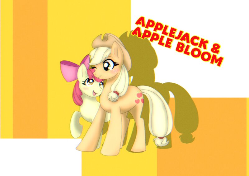 Size: 2048x1448 | Tagged: safe, artist:luca54976604, derpibooru import, apple bloom, applejack, earth pony, pony, abstract background, apple sisters, female, filly, foal, image, jpeg, mare, siblings, sisters