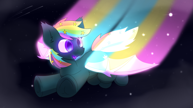 Size: 5000x2813 | Tagged: safe, artist:monycaalot, derpibooru import, oc, oc:prism star, bat pony, pony, bat pony oc, bat wings, commission, flying, image, male, night, png, solo, stars, wings