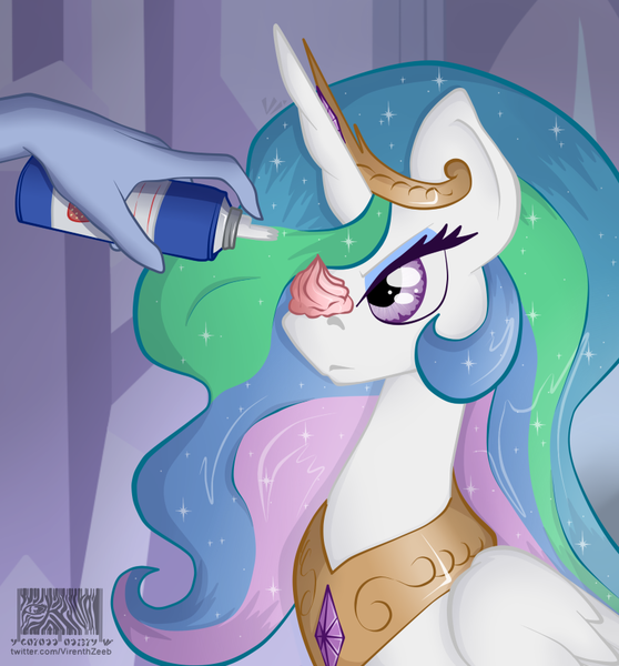 Size: 820x881 | Tagged: safe, artist:virenth, derpibooru import, princess celestia, alicorn, pony, celestia is not amused, disembodied hand, food, hand, image, jewelry, offscreen character, png, regalia, unamused, whipped cream