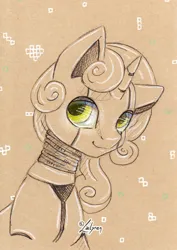Size: 1024x1444 | Tagged: safe, artist:lailyren, derpibooru import, sweetie belle, pony, robot, robot pony, unicorn, bust, curly hair, female, green eyes, heart, image, jpeg, limited color, mare, portrait, signature, smiling, solo, sweetie bot, traditional art
