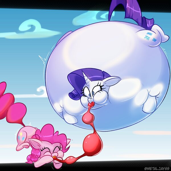 Size: 2048x2048 | Tagged: questionable, artist:metalface069, derpibooru import, pinkie pie, rarity, balloon pony, earth pony, inflatable pony, pony, unicorn, airborne, blimp, blowing, hose, image, inflatable, inflation, jpeg, pinkie being pinkie, puffy cheeks, rariblimp