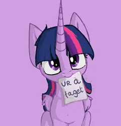 Size: 1000x1039 | Tagged: safe, artist:cheshchesh, edit, twilight sparkle, twilight sparkle (alicorn), alicorn, pony, faggot, female, image, jpeg, looking at you, mare, mouth hold, paper, purple background, sign, simple background, solo, ur a faget, vulgar
