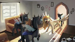 Size: 2048x1152 | Tagged: safe, artist:maxiima, derpibooru import, oc, oc:sweet leaf, changeling, pegasus, pony, fanfic:unending love, angry, clock, coffee, couch, disguise, disguised changeling, fanfic art, fangs, image, jpeg, open mouth, picture frame, rug, spread wings, window, wings