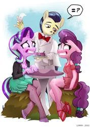 Size: 2894x4093 | Tagged: safe, artist:lummh, derpibooru import, savoir fare, starlight glimmer, sugar belle, anthro, earth pony, unguligrade anthro, unicorn, awkward, bowtie, check, clothes, clover cafe, commission, cup, dress, equal, equal sign, floppy ears, grin, hay bale, high res, hoof shoes, horte cuisine, image, jacket, looking at each other, looking at someone, mushroom table, nervous, nervous grin, pictogram, plate, png, ptsd, question mark, smiling, speech bubble, spoon, sweat, sweatdrops, table, towel, trio, tuxedo, waiter