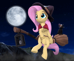 Size: 880x720 | Tagged: safe, artist:owlpirate, derpibooru import, fluttershy, cat, pegasus, pony, 3d, animated, black cat, bracelet, broom, clothes, costume, female, flying, flying broomstick, full moon, halloween, halloween costume, hat, holiday, image, jewelry, lantern, mare, moon, no sound, riding, smiling, solo, source filmmaker, webm, witch costume, witch hat