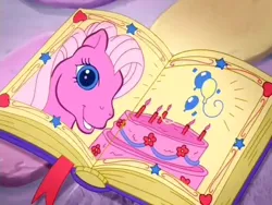Size: 640x480 | Tagged: safe, derpibooru import, screencap, pinkie pie (g3), earth pony, pony, a very pony place, positively pink, birthday cake, book, cake, female, food, g3, image, mare, png, solo