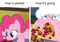 Size: 1920x1353 | Tagged: safe, derpibooru import, edit, edited screencap, screencap, pinkie pie, earth pony, pony, the last roundup, caption, cherry, food, full mouth, image, licking, meme, pinkie being pinkie, png, solo, text, tongue out