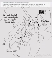 Size: 1000x1125 | Tagged: safe, artist:averysweatyboy, derpibooru import, nightmare moon, queen chrysalis, alicorn, changeling, changeling queen, pony, chrysmoon, dialogue, female, image, jpeg, lesbian, lidded eyes, mare, monochrome, nervous sweat, open mouth, open smile, shipping, smiling, sweat