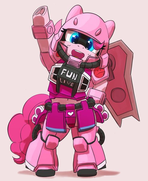 Size: 982x1200 | Tagged: safe, artist:pabbley, derpibooru import, pinkie pie, earth pony, pony, armor, beige background, belly button, bipedal, cute, diapinkes, female, frog (hoof), gundam, heart, heart eyes, image, jpeg, looking at you, mare, midriff, open mouth, open smile, shield, simple background, smiling, smiling at you, solo, underhoof, waving at you, wingding eyes, zaku