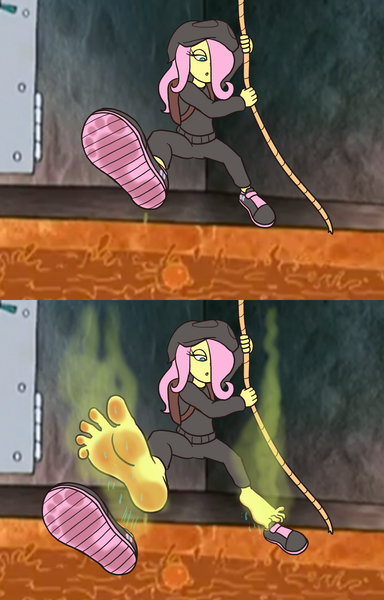 Size: 1152x1800 | Tagged: suggestive, artist:incognitohoofcolt678, derpibooru import, edit, fluttershy, human, bank, burning, clothes, courage the cowardly dog, feet, female, fetish, foot fetish, image, losing balance, losing shoes, png, robbery, rope, shoe dangling, shoe loss, shoes, ski mask, smelly feet, solo, solo female