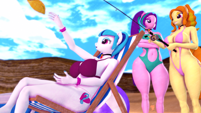 Size: 3840x2160 | Tagged: suggestive, artist:silkworm205, derpibooru import, adagio dazzle, aria blaze, sonata dusk, anthro, earth pony, series:silkworm205's weekly artwork 2022, 3d, beach, beach babe, beach ball, beach chair, big breasts, bikini, bikini bottom, bikini top, bracelet, breasts, busty sonata dusk, chair, cleavage, clothes, colored eyebrows, crossed arms, cutie mark, derpibooru exclusive, ear piercing, female, fishing rod, food, gem, image, jewelry, looking at someone, looking at something, necklace, one-piece swimsuit, piercing, png, prank, reaching, reasonably sized breasts, revamped anthros, siren gem, sling bikini, sonataco, source filmmaker, swimsuit, taco, that pony sure does love tacos, the dazzlings, trio, trio female, wide hips