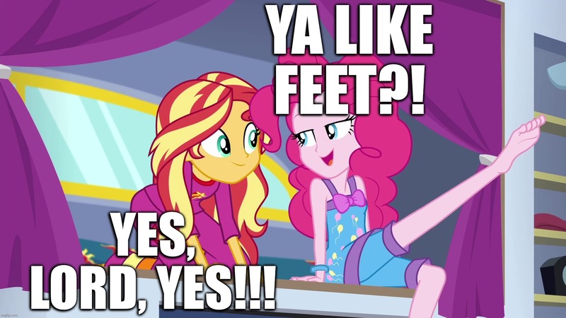 Size: 1920x1080 | Tagged: suggestive, derpibooru import, edit, edited screencap, screencap, pinkie pie, sunset shimmer, equestria girls, equestria girls series, sunset's backstage pass!, spoiler:eqg series (season 2), barefoot, caption, clothes, dialogue, feet, female, fetish, foot fetish, god, image, image macro, jpeg, lesbian, one leg raised, out of context, pajamas, religion, shipping, song reference, sunsetpie