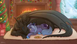 Size: 1175x680 | Tagged: safe, artist:jenery, derpibooru import, princess luna, alicorn, dragon, pony, christmas, christmas tree, cookie, female, fireplace, food, holiday, image, jpeg, looking at each other, looking at someone, mare, s1 luna, smiling, tree