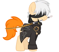 Size: 3200x2800 | Tagged: safe, artist:ponkus, derpibooru import, oc, oc:scribbles, earth pony, pony, 9s, belt, blindfold, buttons, clothes, cosplay, costume, cute, image, jacket, male, png, solo, stallion, sword, weapon, wig