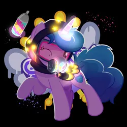 Size: 2000x2000 | Tagged: safe, artist:candy meow, derpibooru import, izzy moonbow, pony, unicorn, my little pony: tell your tale, spoiler:g5, spoiler:my little pony: tell your tale, spoiler:tyts01e34, clothes, coat, female, g5, gas mask, glow, glowing horn, graffiti, high res, hood, horn, image, levitation, magic, mare, mask, one eye closed, png, sneaksy, sneaksy strikes again, solo, spray paint, street art, telekinesis, wink