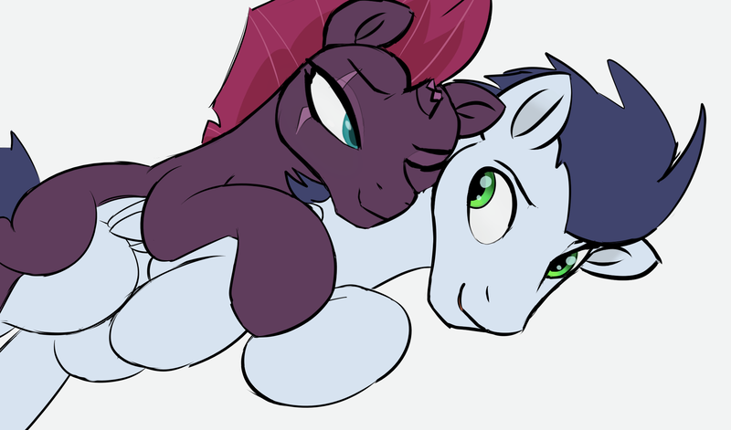 Size: 2033x1198 | Tagged: safe, derpibooru import, soarin', tempest shadow, pony, crack shipping, cuddling, female, image, looking at each other, looking at someone, lying down, male, mare, one eye closed, png, shipping, simple background, stallion, straight, white background