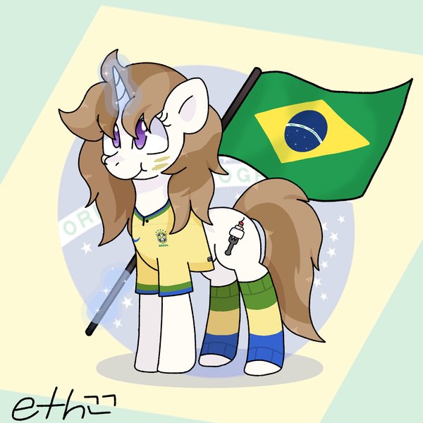 Size: 1800x1800 | Tagged: artist needed, safe, derpibooru import, oc, oc:fluffymarsh, unofficial characters only, pony, unicorn, brazil, brown mane, clothes, colorful, female, flag, food, football, happy, image, magic, mare, marshmallow, patriotic, png, purple eyes, shirt, simple background, sports, world cup