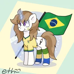 Size: 1800x1800 | Tagged: artist needed, safe, derpibooru import, oc, oc:fluffymarsh, unofficial characters only, pony, unicorn, brazil, brown mane, clothes, colorful, female, flag, food, football, happy, image, magic, mare, marshmallow, patriotic, png, purple eyes, shirt, simple background, sports, world cup