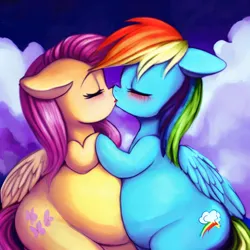 Size: 1024x1024 | Tagged: suggestive, derpibooru import, machine learning generated, fluttershy, rainbow dash, pegasus, pony, blushing, female, flutterdash, image, kissing, lesbian, png, preggo dash, preggoshy, pregnant, shipping