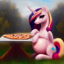 Size: 1024x1024 | Tagged: safe, derpibooru import, machine learning generated, princess cadance, alicorn, pony, belly, big belly, fat, food, grass, image, outdoors, peetzer, pizza, png, pregdance, pregnant, solo