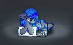Size: 1920x1200 | Tagged: safe, artist:fnb, derpibooru import, oc, oc:zero, unofficial characters only, pony, unicorn, computer, drawing tablet, floppy ears, image, jpeg, laptop computer, pillow, solo