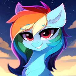 Size: 512x512 | Tagged: safe, derpibooru import, machine learning generated, rainbow dash, pegasus, pony, blushing, chest fluff, ear fluff, female, image, looking at you, mare, png, solo, wings