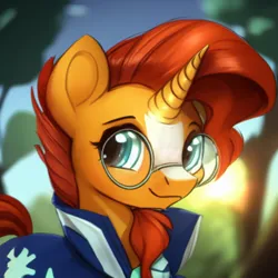 Size: 512x512 | Tagged: safe, derpibooru import, editor:paracompact, machine learning assisted, machine learning generated, purplesmart.ai, stable diffusion, sunburst, pony, unicorn, bust, cute, forest, forest background, glasses, image, looking at you, png, portrait, solo, tree