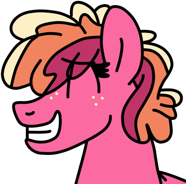 Size: 979x969 | Tagged: safe, artist:jadeharmony, derpibooru import, oc, oc:peachy keen, unofficial characters only, earth pony, pony, pandoraverse, bust, eye clipping through hair, eyes closed, female, freckles, grin, image, mare, offspring, parent:big macintosh, parent:cheerilee, parents:cheerimac, png, simple background, smiling, solo, transparent background