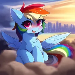 Size: 512x512 | Tagged: safe, derpibooru import, machine learning generated, rainbow dash, pegasus, pony, blushing, chest fluff, ear fluff, female, image, looking at you, mare, png, solo, wings