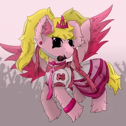 Size: 3000x3000 | Tagged: safe, artist:spiroudada, derpibooru import, oc, unofficial characters only, pegasus, pony, bow, clothes, collar, crossdressing, cute, dress, flying, image, jewelry, male, micro, necklace, necktie, pink, pink dress, png, simple background, singer, solo, stage, stallion, tiara, wings