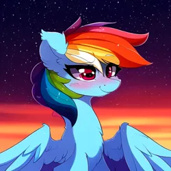 Size: 512x512 | Tagged: safe, derpibooru import, machine learning generated, rainbow dash, pegasus, pony, blushing, chest fluff, ear fluff, female, image, looking at you, mare, png, solo, wings