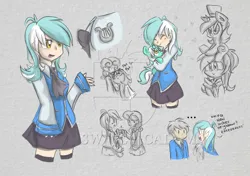 Size: 2497x1759 | Tagged: safe, artist:melodenesa, derpibooru import, bon bon, lyra heartstrings, sweetie drops, tom, human, pony, unicorn, bonnie beasley, clothes, concept art, female, human ponidox, humanized, image, laura hartley, miniskirt, plushie, png, school uniform, schoolgirl, self paradox, self ponidox, shirt, skirt, socks, starswirl academy, starswirl academy uniform, thigh highs, tom stone, vest, zettai ryouiki