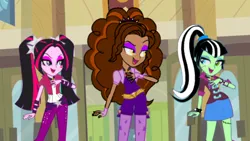 Size: 1280x720 | Tagged: safe, derpibooru import, edit, edited screencap, screencap, adagio dazzle, aria blaze, sonata dusk, equestria girls, rainbow rocks, brown hair, eyeshadow, green skin, image, makeup, monster high, multicolored hair, pigtails, pink skin, png, ponytail, the dazzlings, twintails