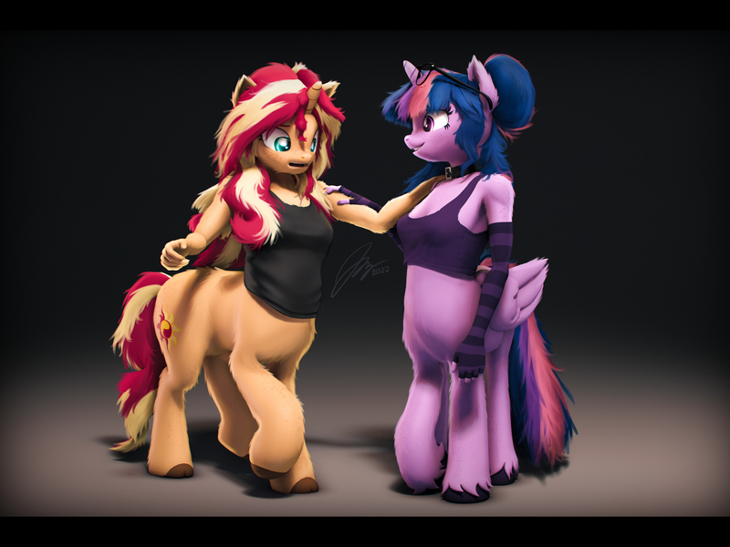 Size: 7200x5400 | Tagged: safe, artist:imafutureguitarhero, derpibooru import, sci-twi, sunset shimmer, twilight sparkle, twilight sparkle (alicorn), alicorn, anthro, centaur, taur, unicorn, 3d, 4:3, absurd file size, absurd resolution, anthro centaur, arm fluff, arm freckles, belly fluff, black bars, bra, breast fluff, butt freckles, centaurified, cheek fluff, chest fluff, chest freckles, chromatic aberration, clothes, cloven hooves, collar, colored eyebrows, colored eyelashes, crop top bra, cute, dialogue in the description, duo, ear fluff, ear freckles, evening gloves, female, film grain, fingerless elbow gloves, fingerless gloves, fluffy, fluffy hair, fluffy mane, fluffy tail, folded wings, freckles, fur, glasses, glasses off, gloves, gradient background, grin, hand on arm, hand on shoulder, hoof fluff, horn, image, jpeg, leg fluff, leg freckles, long gloves, long nails, looking at someone, looking down, multicolored hair, multicolored mane, multicolored tail, nose wrinkle, open mouth, paintover, peppered bacon, ponytaur, raised hoof, revamped anthros, revamped ponies, scitwilicorn, shadow, shoulder freckles, signature, smiling, source filmmaker, species swap, striped gloves, tail, tanktop, touching, underwear, wall of tags, wing fluff, wings, worried