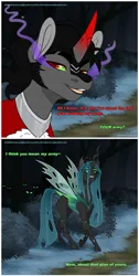 Size: 1200x2386 | Tagged: safe, artist:eve-of-halloween, derpibooru import, king sombra, queen chrysalis, changeling, changeling queen, pony, unicorn, tumblr:askmotherlyluna, antagonist, army, ask, au:hallowverse, bugbutt, butt, cracked horn, detailed background, female, forest, glow, glowing eyes, green eyes, holes, horn, image, legs, muttonchops, png, red eyes, shadow, smug, spread wings, tree, villainess, wings