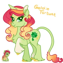 Size: 500x500 | Tagged: safe, artist:galaxys-intuition, derpibooru import, classical unicorn, pony, unicorn, cloven hooves, clover, colored hooves, eyeshadow, female, four leaf clover, g5, gold hooves, goldie fortune, gradient mane, green coat, hooves, image, leonine tail, makeup, mare, multicolored hair, png, red hair, red mane, redesign, simple background, solo, tail, unshorn fetlocks, white background, yellow mane